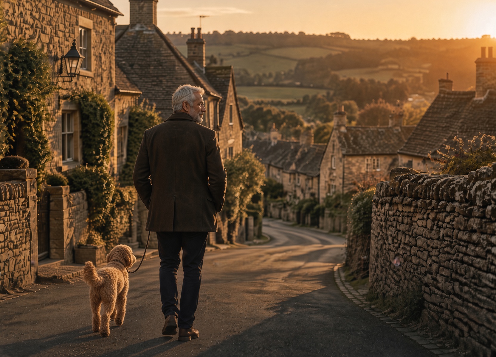 Matt walking down a honey-stone Cotswold village street at golden hour