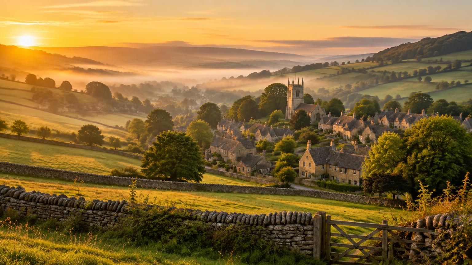 Rolling Cotswold countryside at dawn